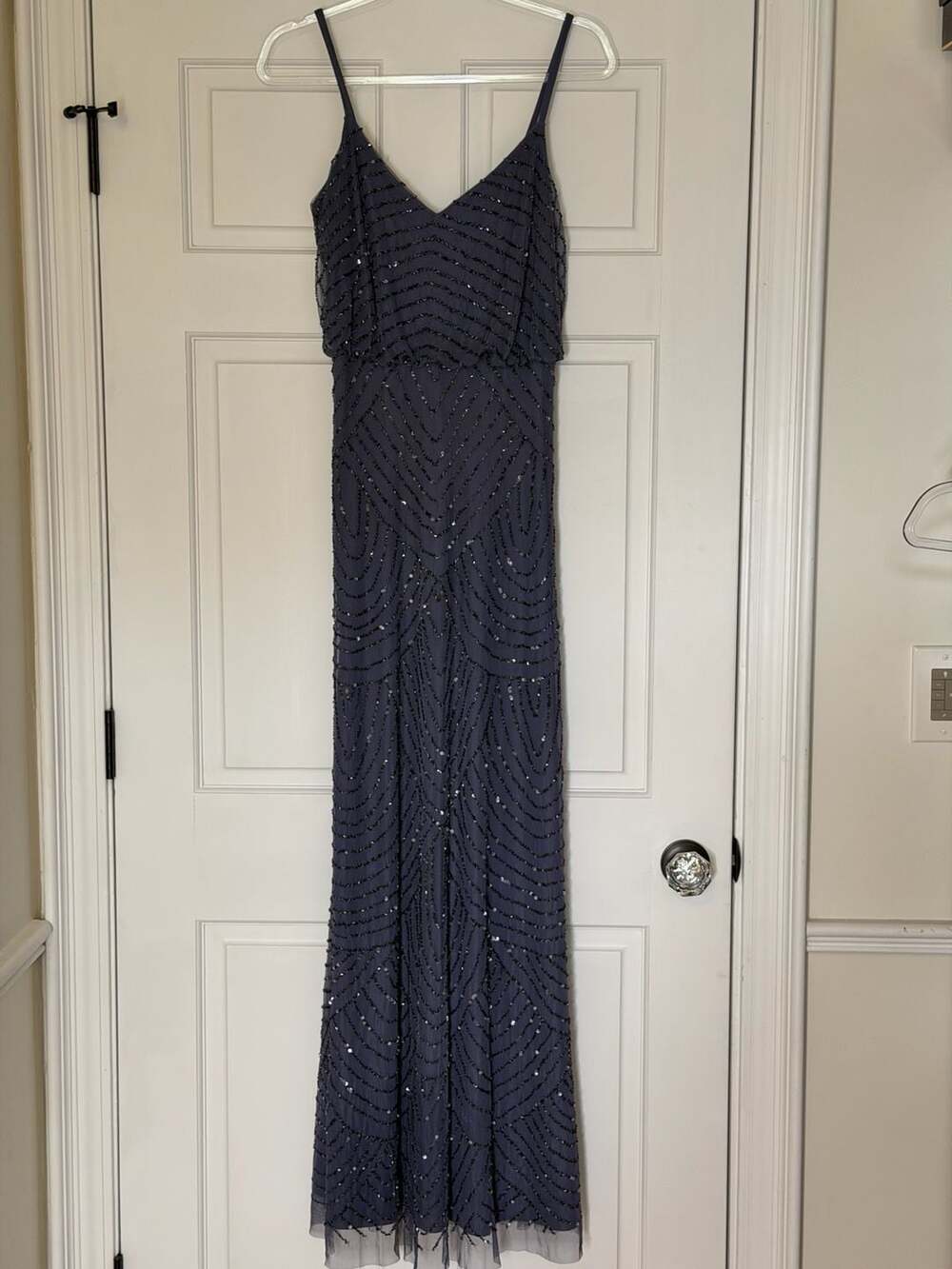 Adrianna Papell Beaded Maxi Dress Size 4 Gray Blue Evening Gown